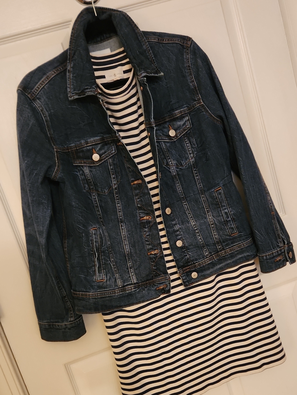 Dark Blue Denim Jacket with Navy & White Striped Dress